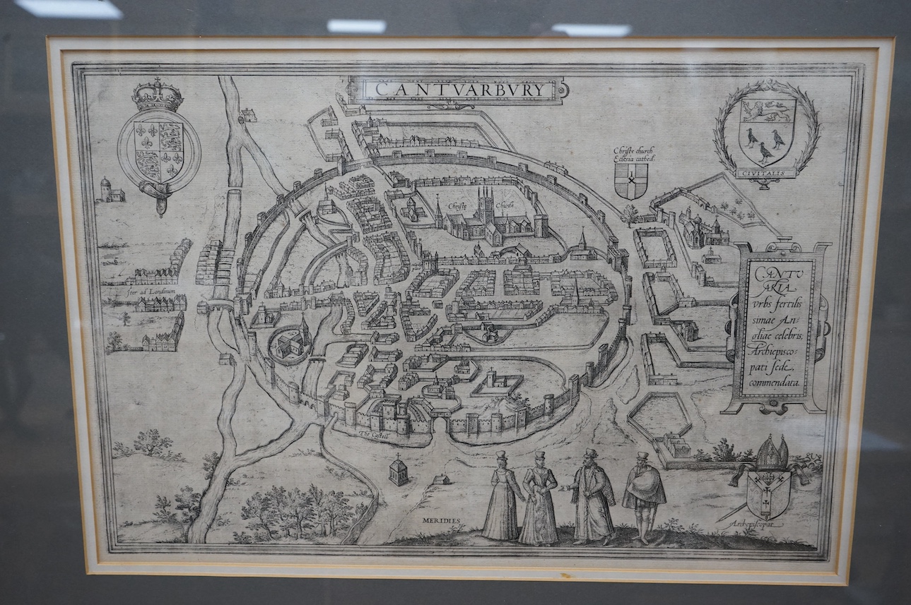 Two maps comprising; ‘The North Prospect of Canterbury’, etched map, printed and sold by Henry Overton, London and another ‘Cantvarbvry’, largest 37 x 57cm. Condition - fair